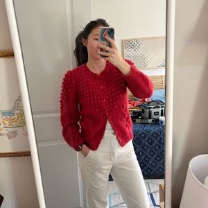 Vintage mohair popcorn knit cardigan cherry red wool handknit